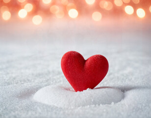 Fototapeta premium February 14 postcard, red heart on the snow among blurry lights, space for text