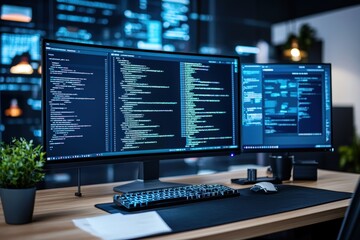 Naklejka premium Programmer's Haven: Immersive coding workspace featuring dual monitors displaying lines of code, keyboard, and a touch of greenery. A serene yet focused atmosphere for software development. 
