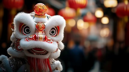 Glowing lanterns in vibrant colors framing a lively lion dance performance during a traditional cultural festival or The scene captures the festive and ceremonial atmosphere of the event