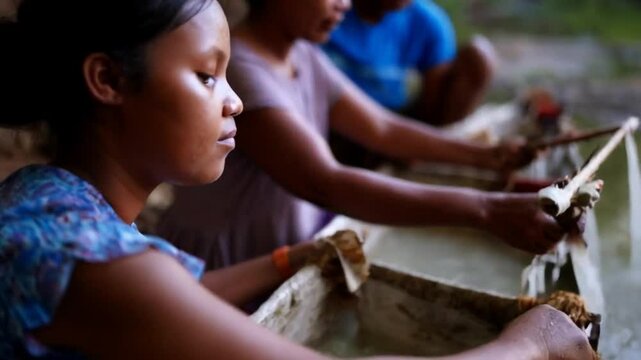 River panning for gold: A traditional artisanal mining scene