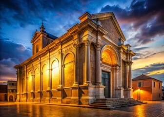 Obraz premium Night Photography: Rimini's Malatesta Temple, Illuminated Facade, Italian Architecture, Historic Church