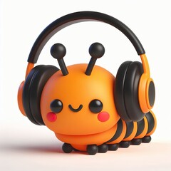 Cute orange black Caterpillar Wearing Headphones, Happy, 3D Render