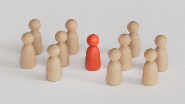 3D illustration of two groups of  pawns and a mediator in the middle. Abstract concept of arbitration between two parties.3D rendering on white background.