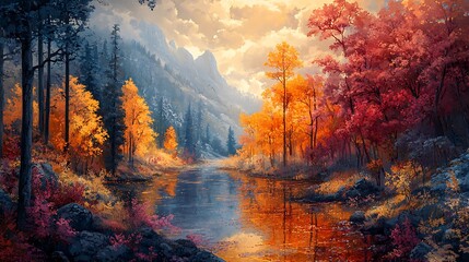 Autumn reflections by a serene river mountain landscape nature