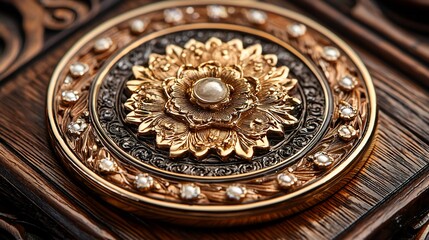 Close-up of ornate gold and pearl jewelry detail on dark wood.