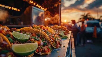 A street food taco truck at sunset, serving vibrant tacos with fresh lime wedges