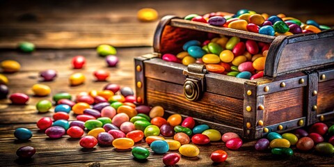 Overflowing Antique Wooden Chest of Colorful Candy Beans - Tilt-Shift Photo