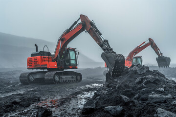 Heavy machinery excavators in misty coal mine with foggy background