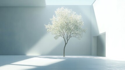 Obraz premium Blossoming tree in minimalist space modern interior natural light