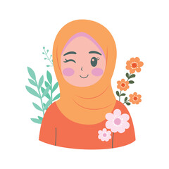 Cute Muslim Little Girl Cartoon Character Smiling Wearing Hijab with Flower Floral Decoration