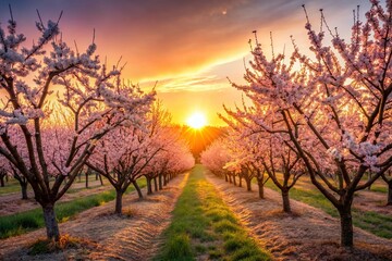 Fototapeta premium Panoramic Apricot Orchard Sunset, Golden Hour, Fruit Trees, Blossoms, Spring