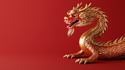 Obraz premium Majestic and fierce golden dragon with intricate ornate patterns curling and coiled against a vibrant red background creating a captivating and visually stunning fantasy