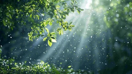 Sunbeams filtering through lush green foliage, water droplets glistening.