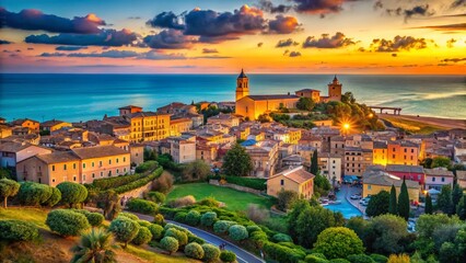 Naklejka premium Panoramic Recanati Cityscape: Adriatic Sea Coastline View, Italy