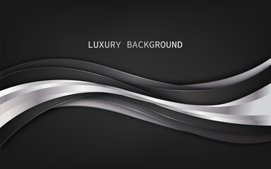 Modern abstract design with overlapping silver and gray curved layers against a dark black background. Vector illustration