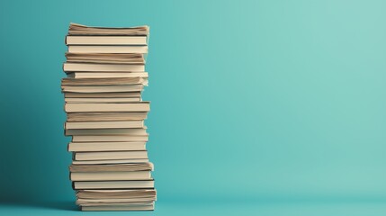 A neatly stacked pile of books against a vibrant turquoise background, symbolizing knowledge, education, and the joy of reading. Perfect for themes related to literature and study.