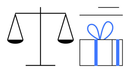 Balancing scales beside a gift box wrapped with a ribbon. Ideal for justice, equality, reward, law, decisions fairness celebration. Line metaphor. Simple line icons
