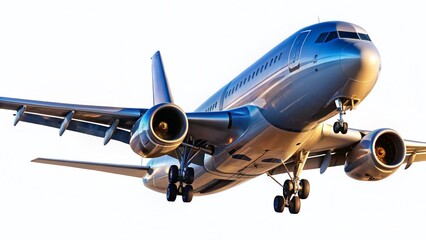 Panoramic View of Wide-Body Passenger Jet in Flight, Isolated on White Background