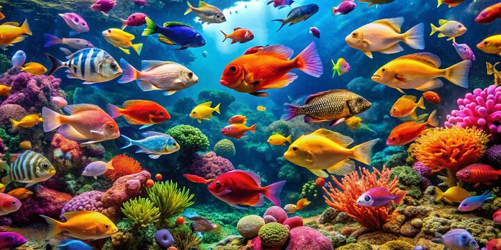 Panoramic View of Vibrant Colorful Fish Swimming in Aquarium