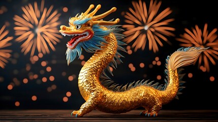 Fototapeta premium Golden Dragon with Fireworks Background