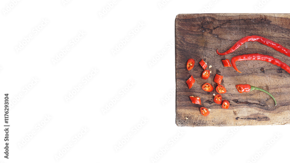 Wall mural Red hot chili and sliced chili on wooden cutting board isolated on transparent background