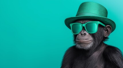 A playful monkey wearing a green hat and sunglasses against a vibrant teal background. This fun and quirky image captures the spirit of creativity and joy.