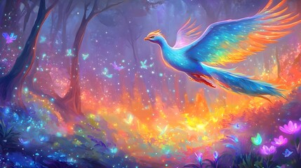 magical phoenix fantasy forest art - vibrant color palettes