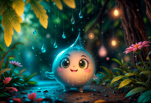 A whimsical, cartoon-like water droplet character with a cheerful face, featuring big sparkling eyes, blushing cheeks, and a wide smile--generated using ai