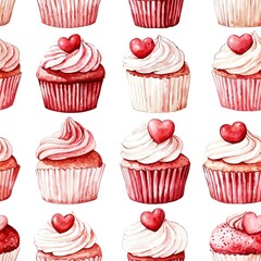 A vibrant display of red and pink cupcakes, each topped with fluffy frosting and heart-shaped decorations, creating a charming, festive atmosphere suitable for celebrations.