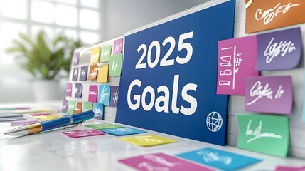 A clean, minimalist checklist titled “2025 Goals” is placed on a white surface, surrounded by bright sticky notes and a stylish pen. The design radiates focus and ambition.