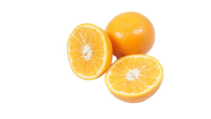 A whole unpeeled and cut in half orange fruits isolated on transparent background
