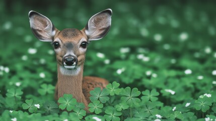A serene deer emerges gracefully from a lush green field adorned with vibrant clovers, embodying the beauty of nature and wildlife in a peaceful environment.