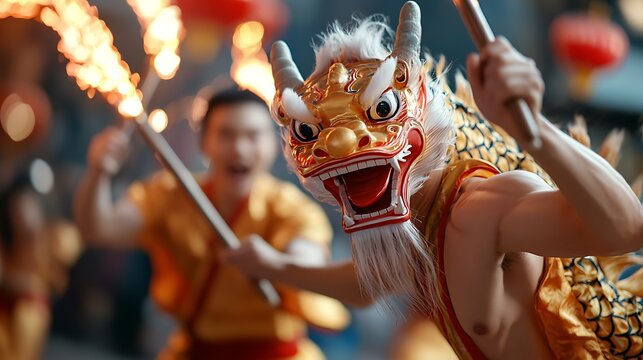 Mesmerizing dragon dance performance with vibrant costumed performers holding glowing props during a lively cultural festival or The dynamic movement vibrant colors
