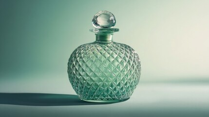 Elegant Green Glass Decanter with Intricate Diamond Pattern Design: A Vintage Perfume Bottle Still Life Photography