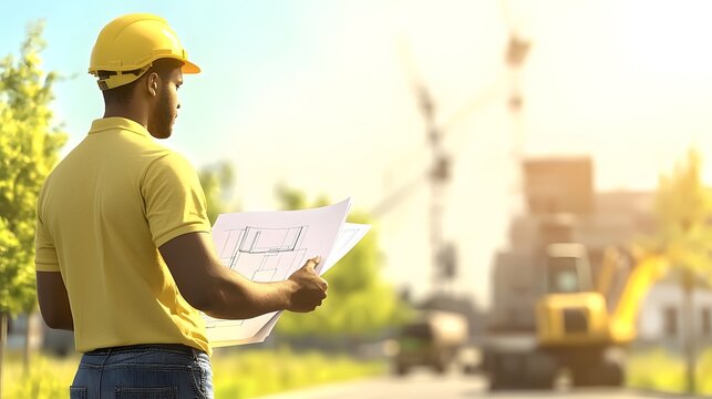 An architect in a hard hat examines detailed plans against the backdrop of a half-built skyscraper. The warm, golden light adds a sense of aspiration and purpose to the scene.