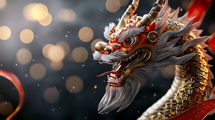 Mesmerizing performance of a dragon dance with intricate glowing red and gold ribbons capturing the essence of traditional Asian culture and mythology