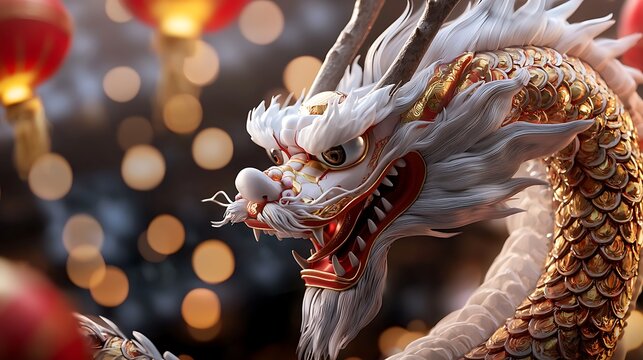 Mesmerizing scene of a mythical dragon dance finale surrounded by a dazzling display of glowing lanterns at a vibrant cultural festival