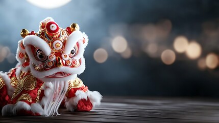 Ornate and Elaborate Red and Gold Lion Dance Costume Glowing with Vibrant Lights Against a Festive Blurred Background  Traditional Chinese Cultural Performance and