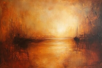 Naklejka premium Golden sunset over calm water with distant sailboat.