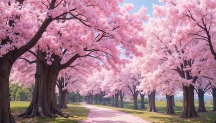 Fototapeta premium Cherry blossom trees in full bloom with serene atmosphere along winding path in spring