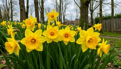 Fototapeta premium Daffodils blooming in garden with vibrant yellow color and lush green leaves on cloudy day