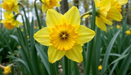 Daffodil flower in full bloom with bright yellow color in lush green garden