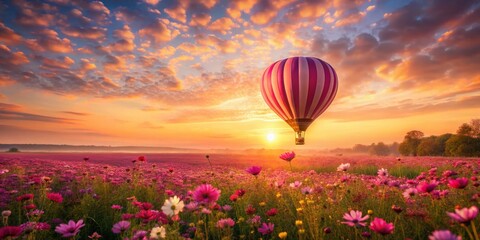 Fototapeta premium Pink Sunset Balloon Ride Over Flower Field - Dreamy Aerial View