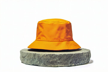 Fototapeta premium A vibrant orange bucket hat on a round stone podium on a white background. (Generative AI)