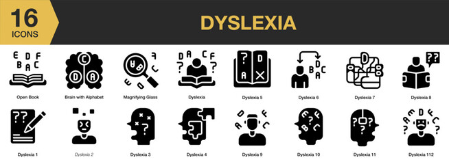 Dyslexia solid icon set. Includes Dyslexia, Mental Health, Mental Disorder, and More. Solid icons vector collection.