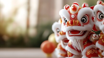Naklejka premium Traditional Lion Dance Troupe Performing Vibrant of Chinese Cultural Heritage and Folklore