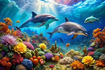 Playful Dolphins & Coral Reef: Vibrant Underwater Scene Stock Photo