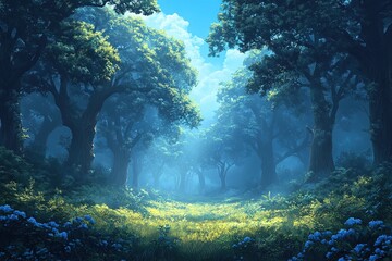 Obraz premium A serene forest scene with lush trees and soft light illuminating a grassy clearing.