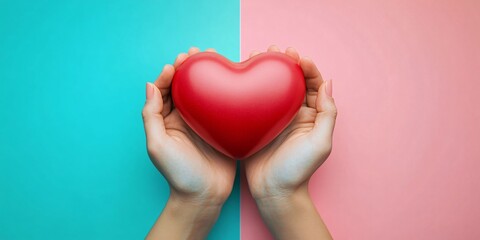 Fototapeta premium A creative representation of love, showcasing hands cradling a vibrant red heart against a soft aqua and pastel pink background. Ideal for Valentine's Day cards, love promotions,