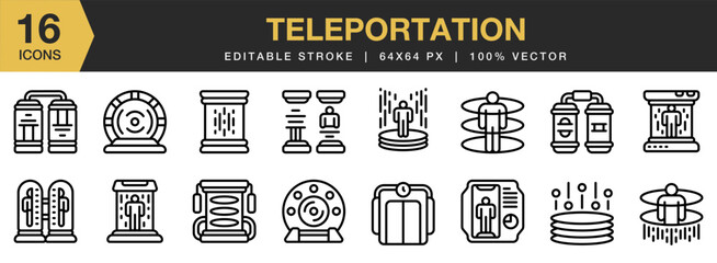 Teleportation icon set. Editable Stroke Icon Collection. Includes Teleportation, Teleporting, Portal, Beam, Person, Transmit, Warp, and More. Outline icons vector collection.
